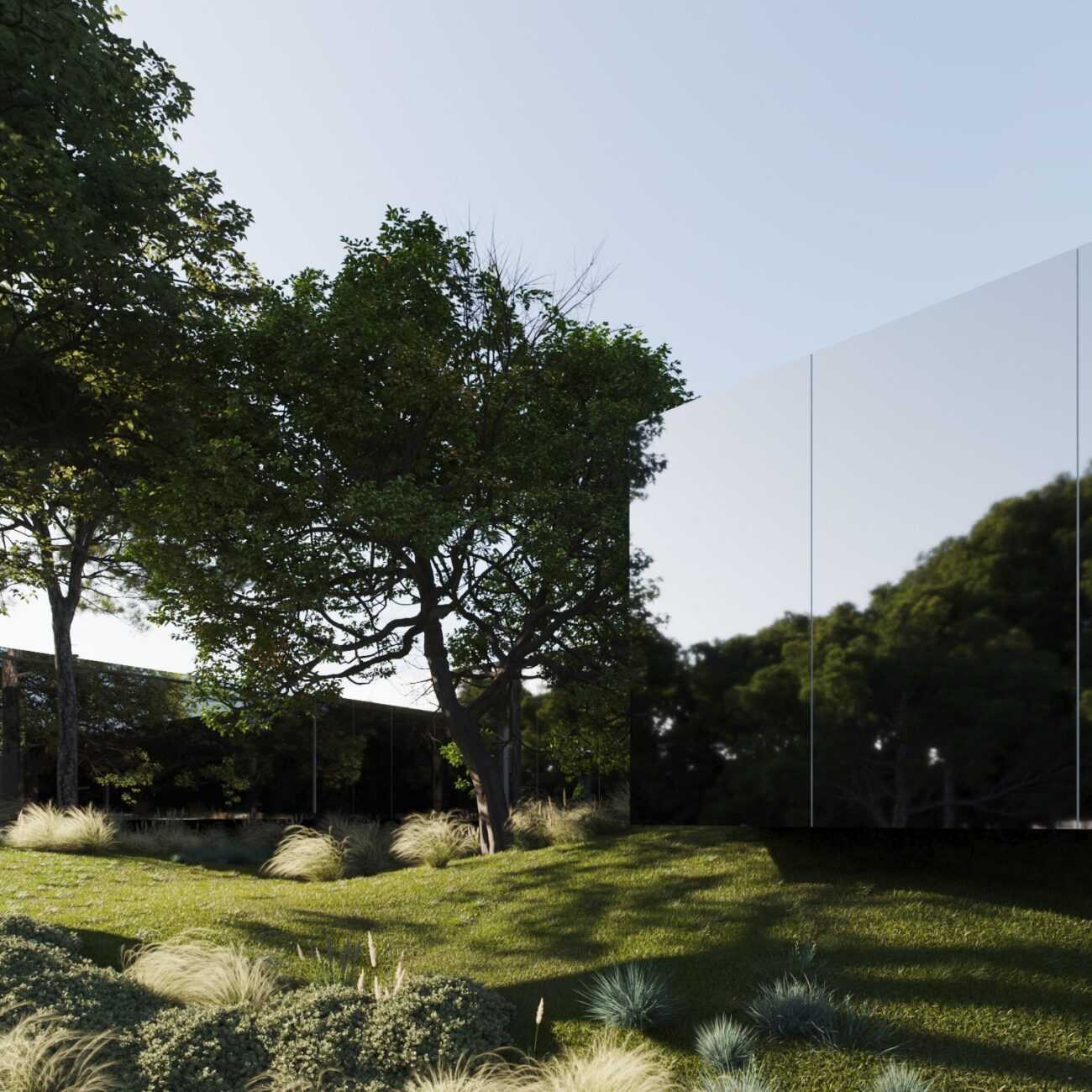 Modern luxury villa with reflective surfaces blending into a green, tree-filled landscape.