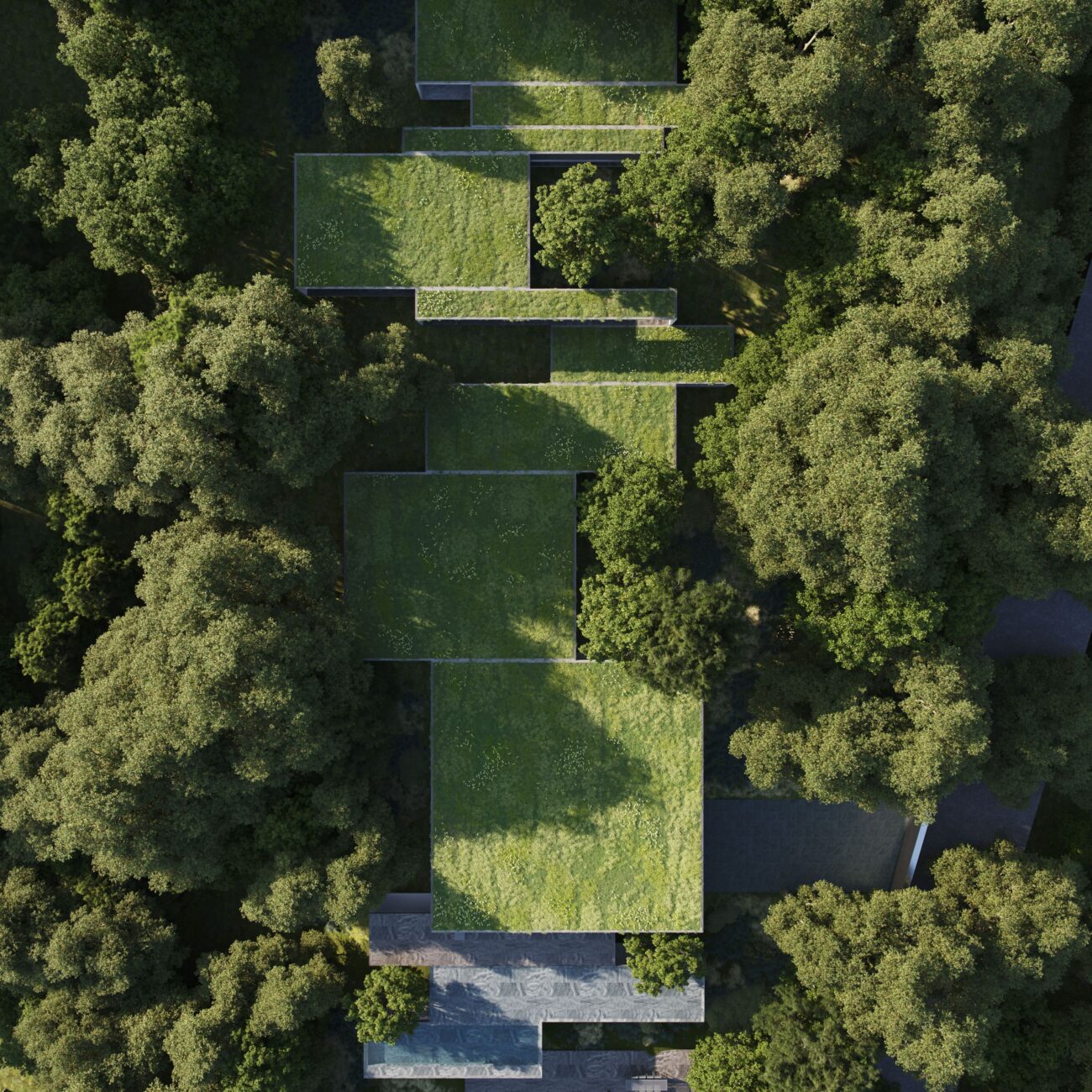 Vista aérea de una villa de lujo con techos verdes y piscina, rodeada de bosque frondoso.