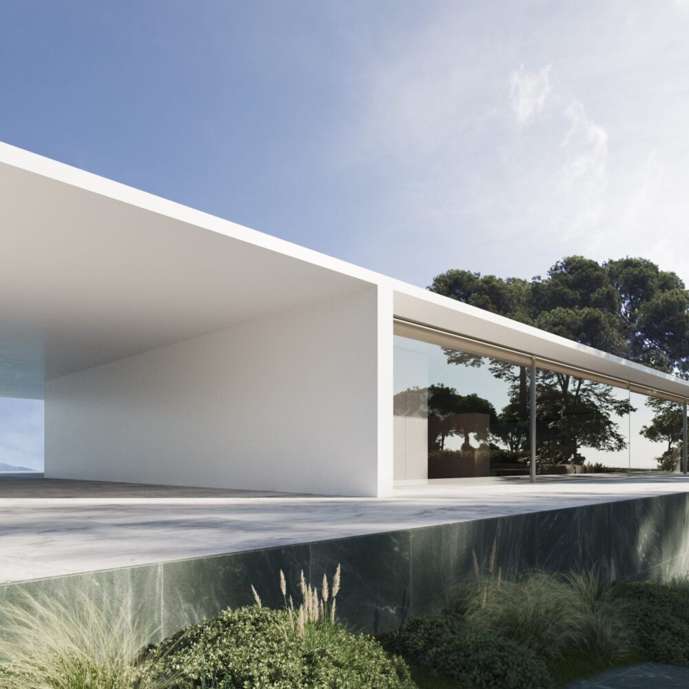 Mujer en una moderna Villa 46 con piscina infinita, ventanales y exuberantes jardines.