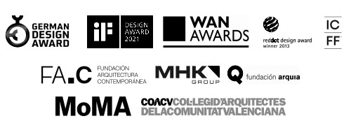 Logos of German Design Award, iF Design Award, WAN Awards, Red Dot, ICFF, MoMA, FA.C, MHK, fundación arquia, COACV.