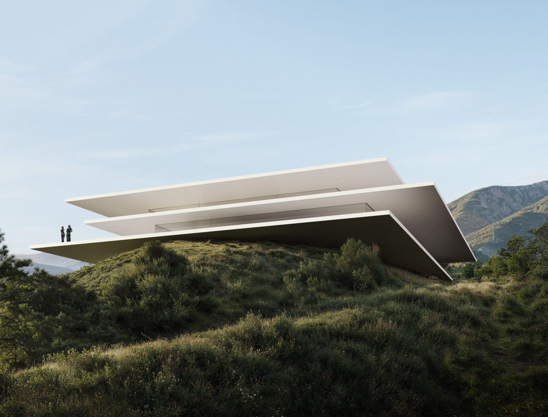 Moderna villa de lujo con plataformas blancas en ladera verde, montañas y dos personas en la terraza.