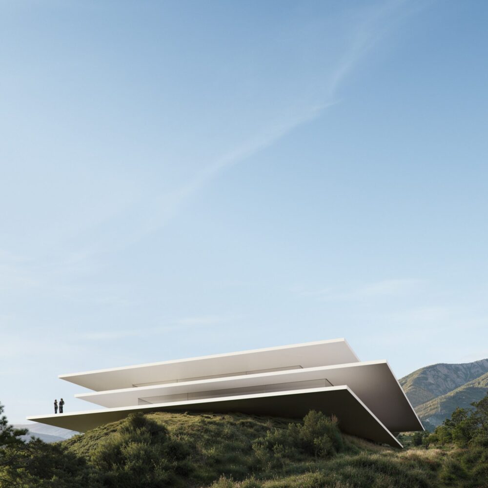 Moderna villa de lujo en Sotogrande con terrazas escalonadas en ladera verde, con montañas y cielo azul.