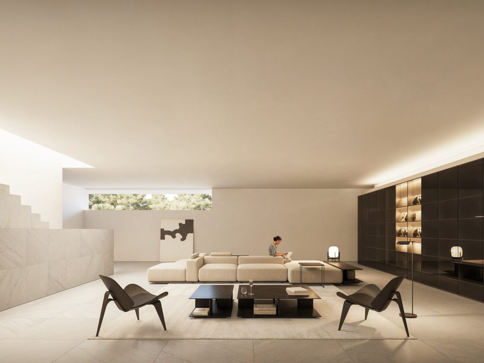Spacious luxury villa living room with a cream sofa, black coffee tables, minimalist chairs, and built-in cabinet.