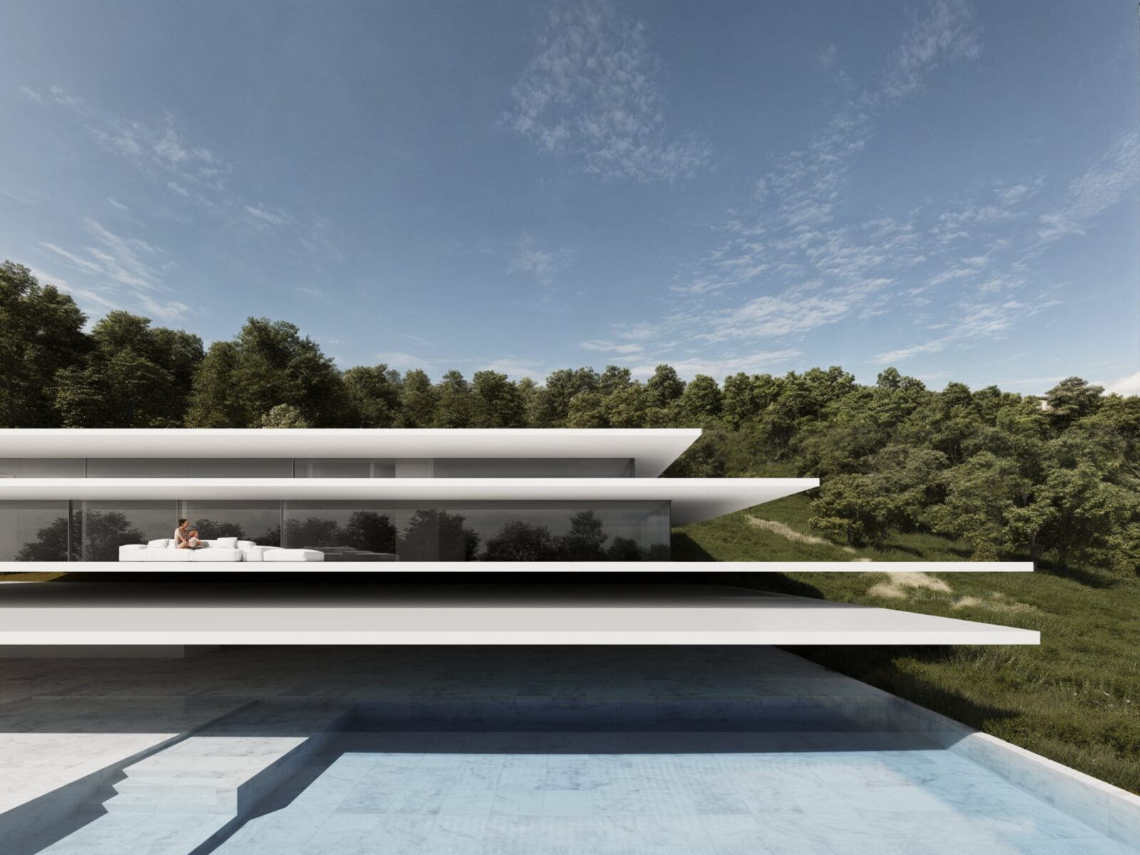 Modern Cork Oak Mansion with white levels, glass facades, a swimming pool, and a family on a terrace, set in nature.