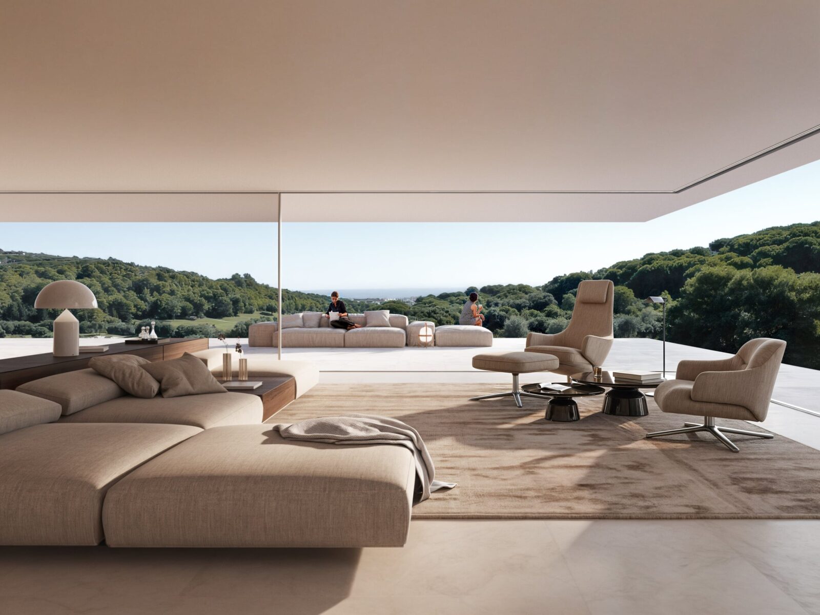 Modern luxury villa living room with modular sofas, armchairs, and panoramic views of the sea and hills.