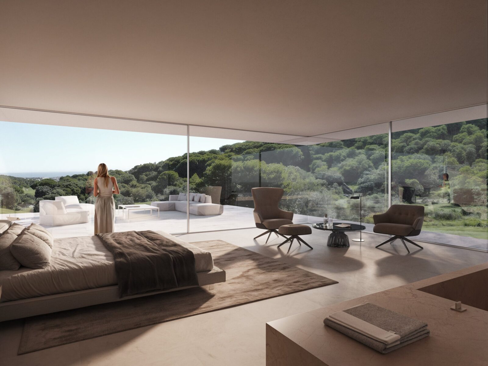 Luxury Cork Oak Mansion bedroom with panoramic views of green hills and the sea.