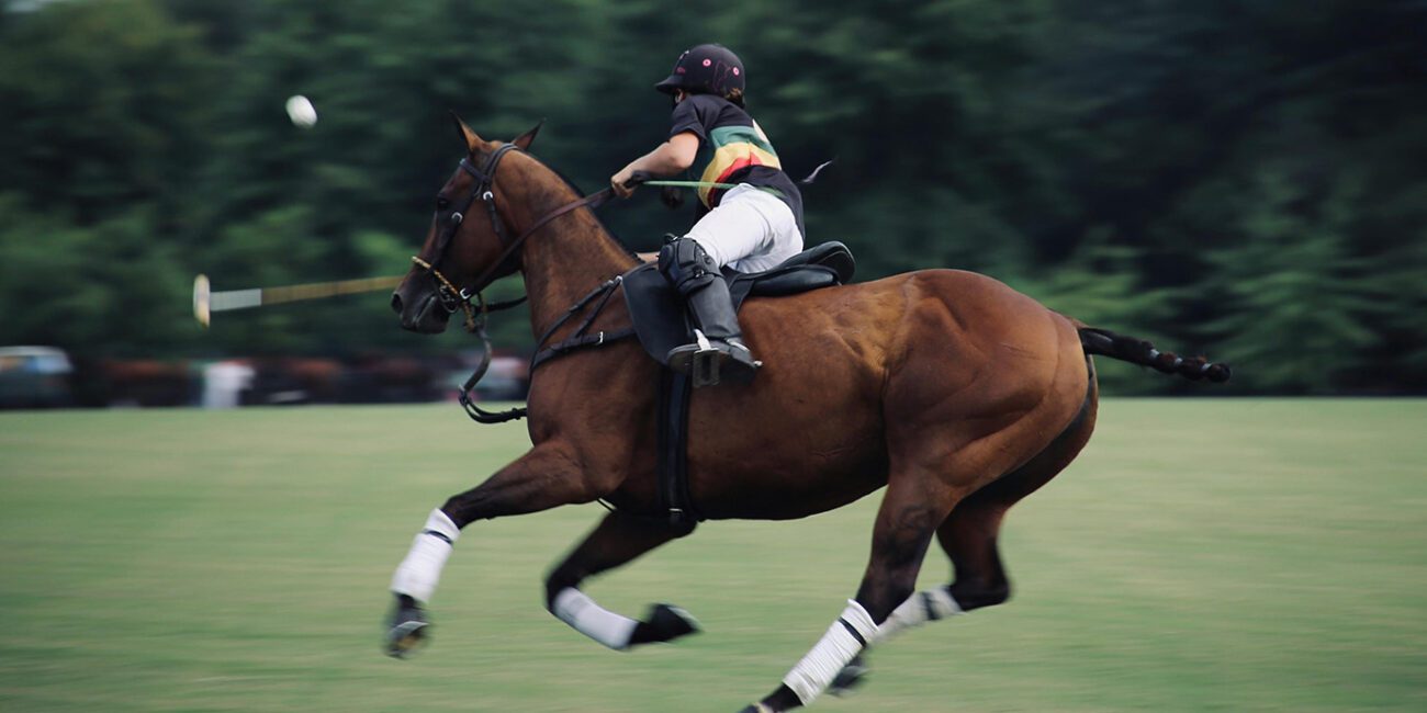 Jugador de polo a caballo en pleno galope golpeando la pelota en Sotogrande.
