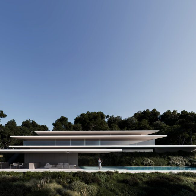Modern luxury villa in Sotogrande with flat roofs, swimming pool, and lush green landscaping.