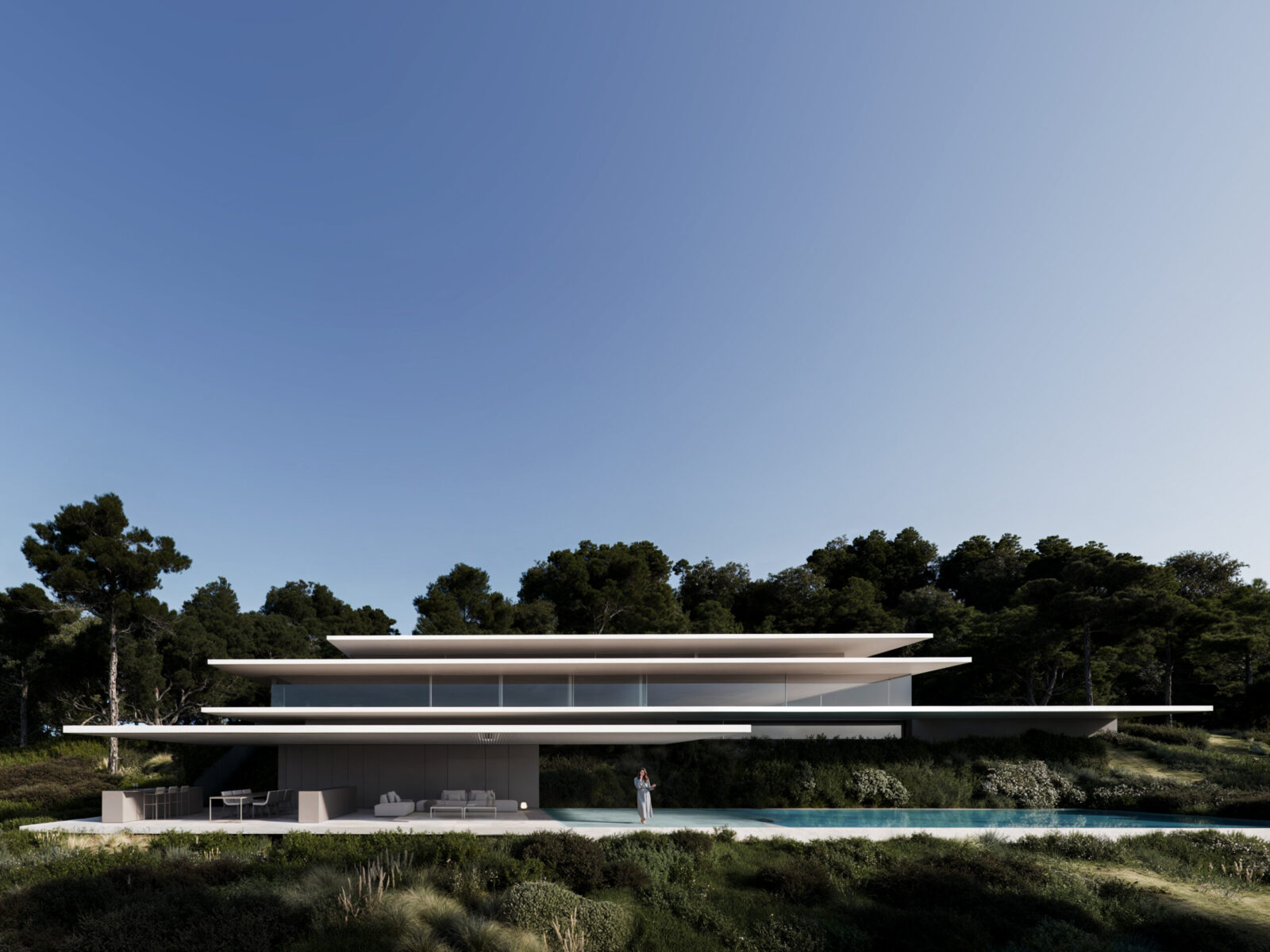 Modern luxury villa in Sotogrande with flat roofs, swimming pool, and lush green landscaping.