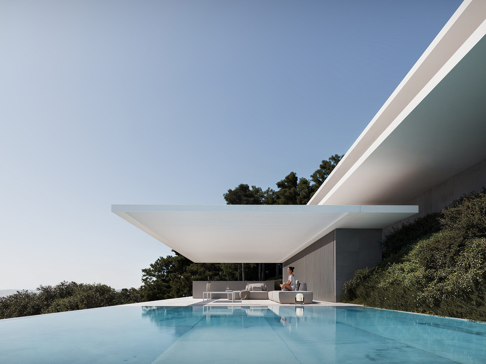 Modern villa with a large white pergola, infinity pool, and woman lounging, ideal for Sotogrande living.