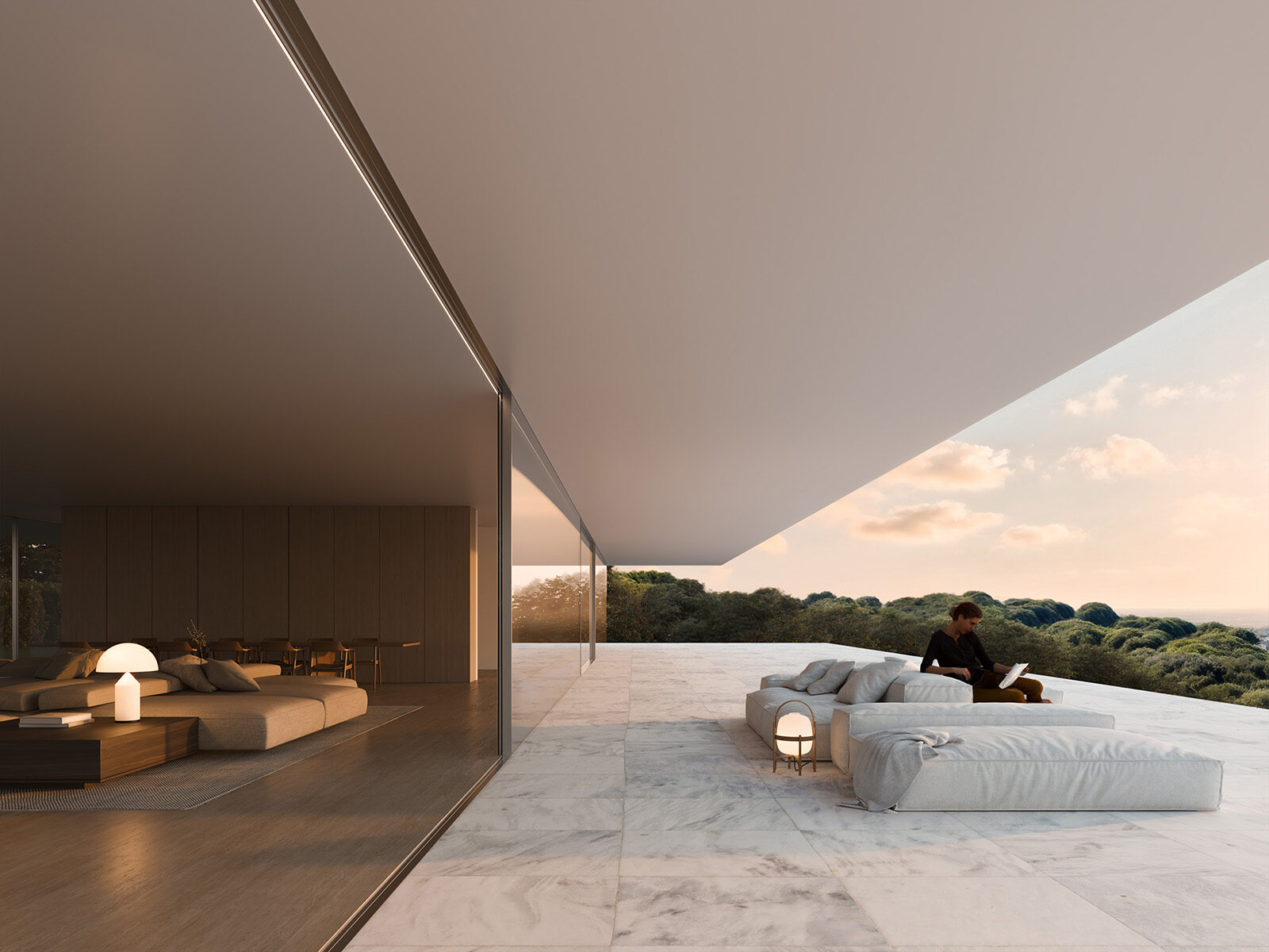 Modern villa with indoor-outdoor living, a person on a terrace sofa, and a lush landscape at sunset in Sotogrande.