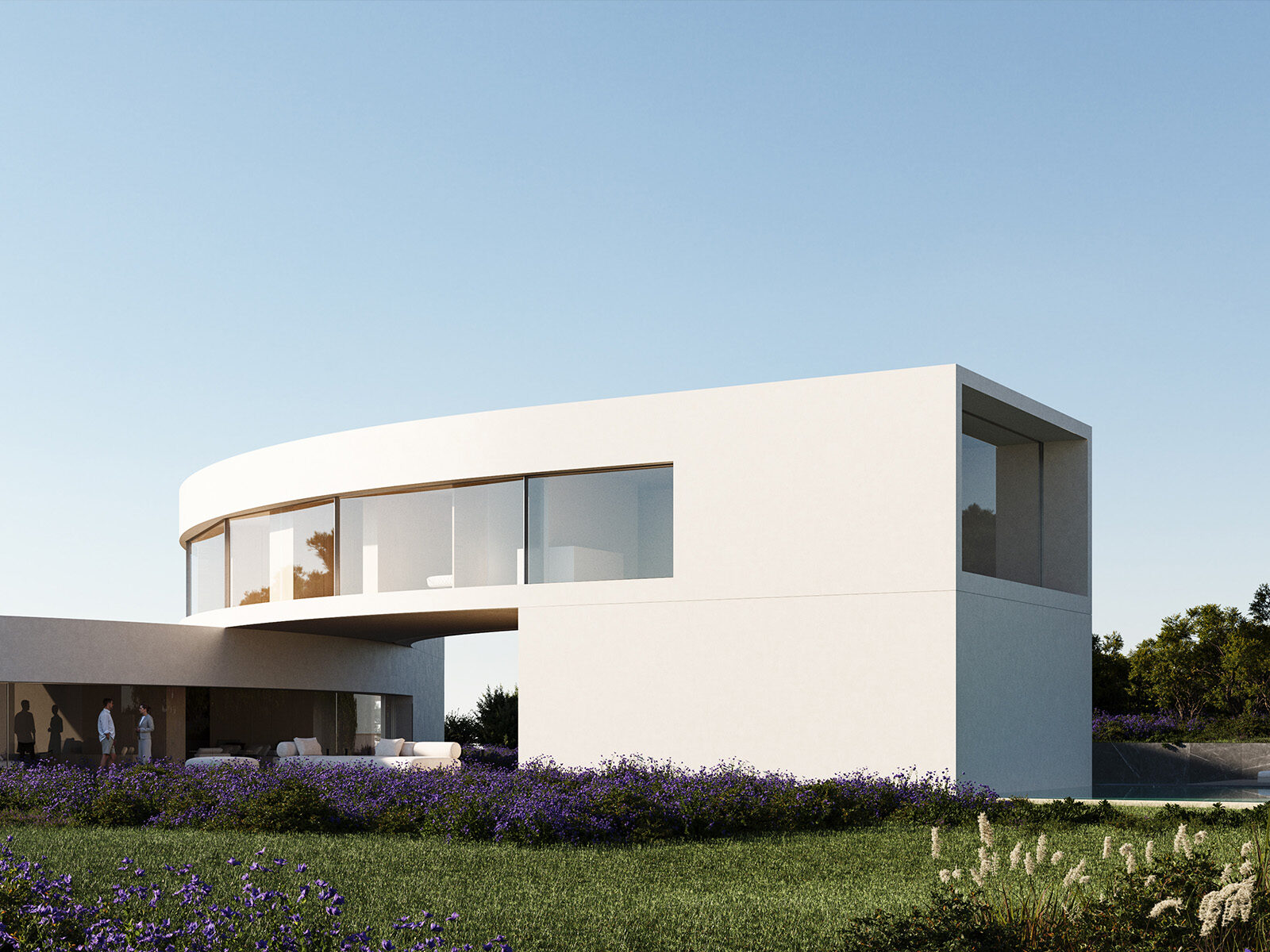 Sotogrande luxury villa with a white curved facade, expansive windows, and a lush garden with purple flowers.
