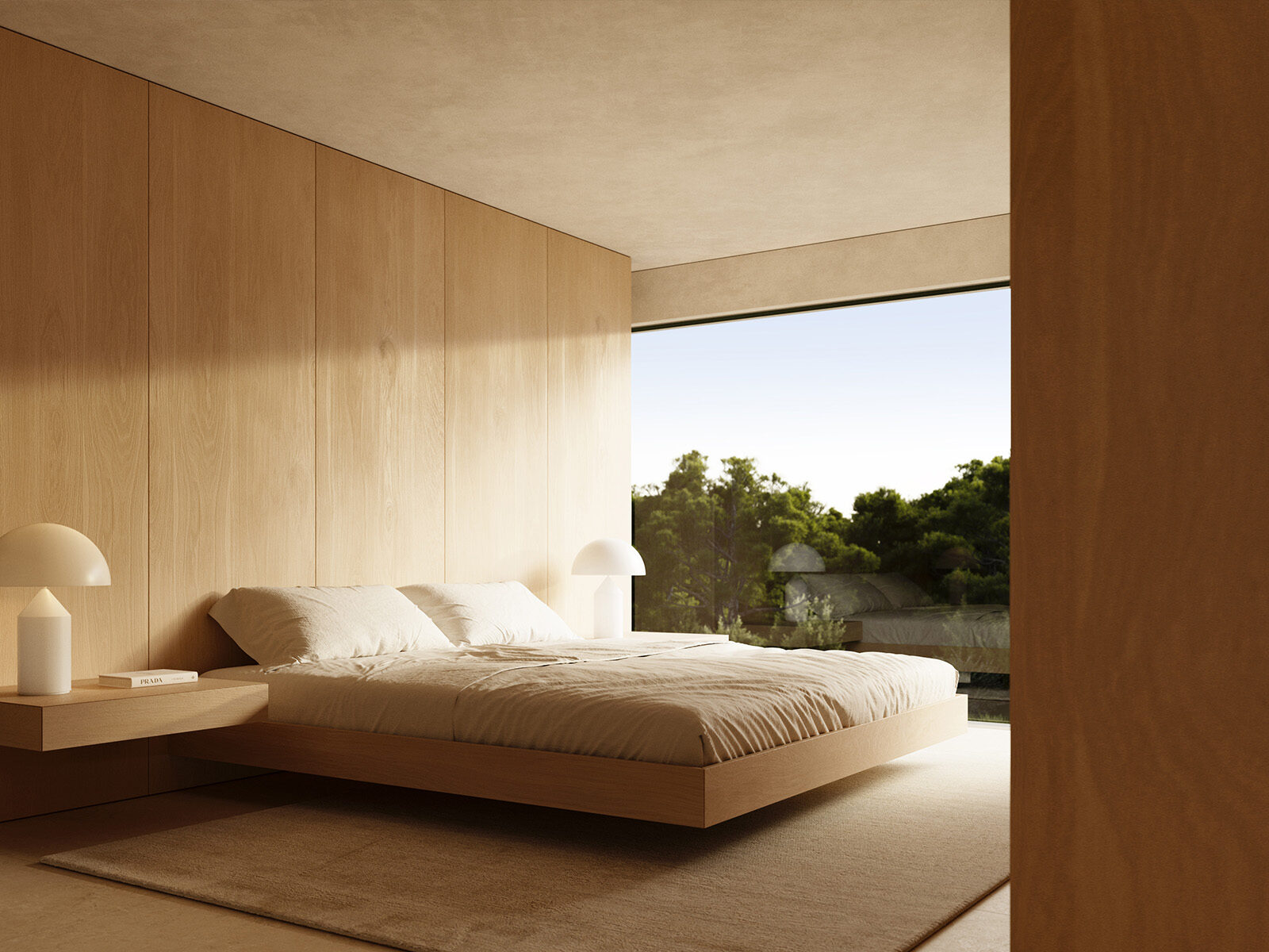 Serene minimalist bedroom with wood paneling, platform bed, and scenic window view, embodying Sotogrande Living.
