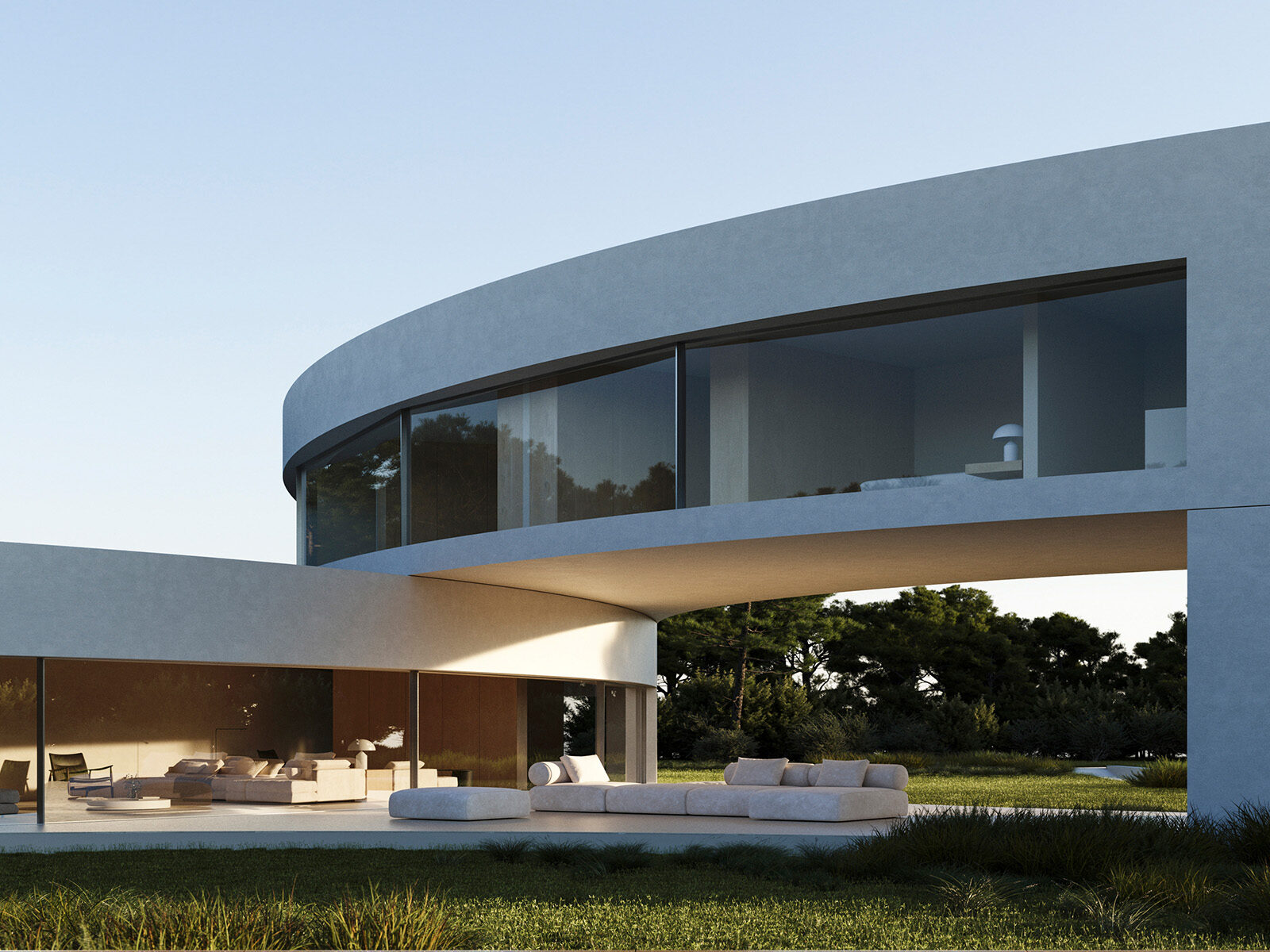 Modern curved luxury villa with large glass windows and outdoor lounge, blending with nature for Sotogrande living.