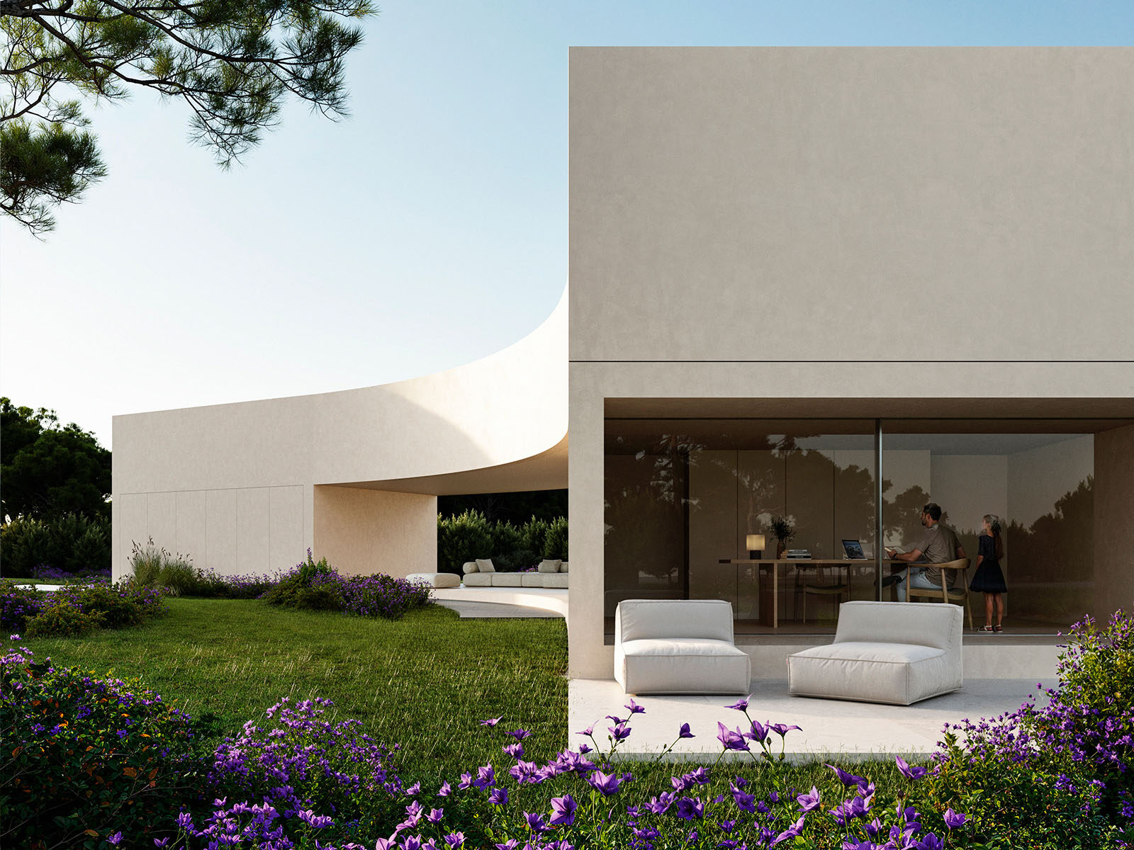 Modern curved house, lush garden with purple flowers, and a family inside, reflecting Sotogrande living.
