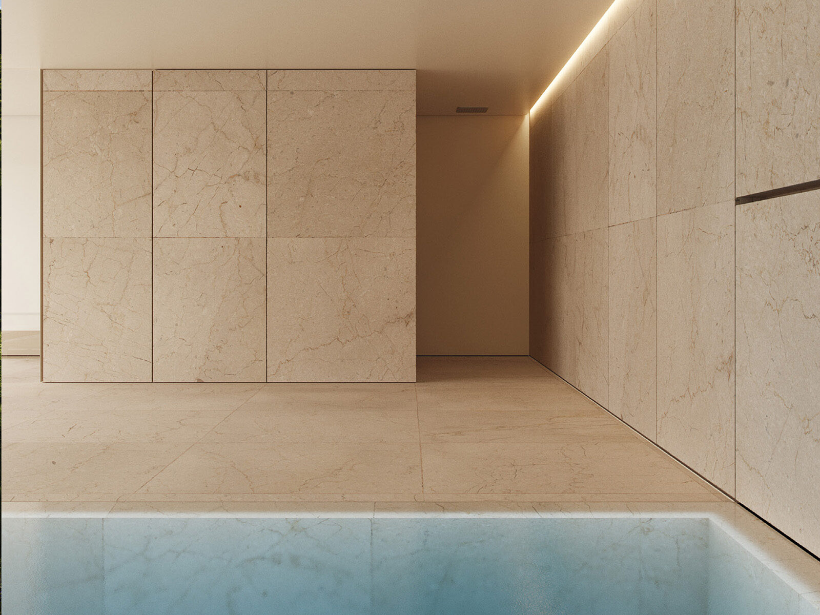 Luxury Sotogrande interior with beige marble walls, floors, and a blue pool, featuring strip lighting.