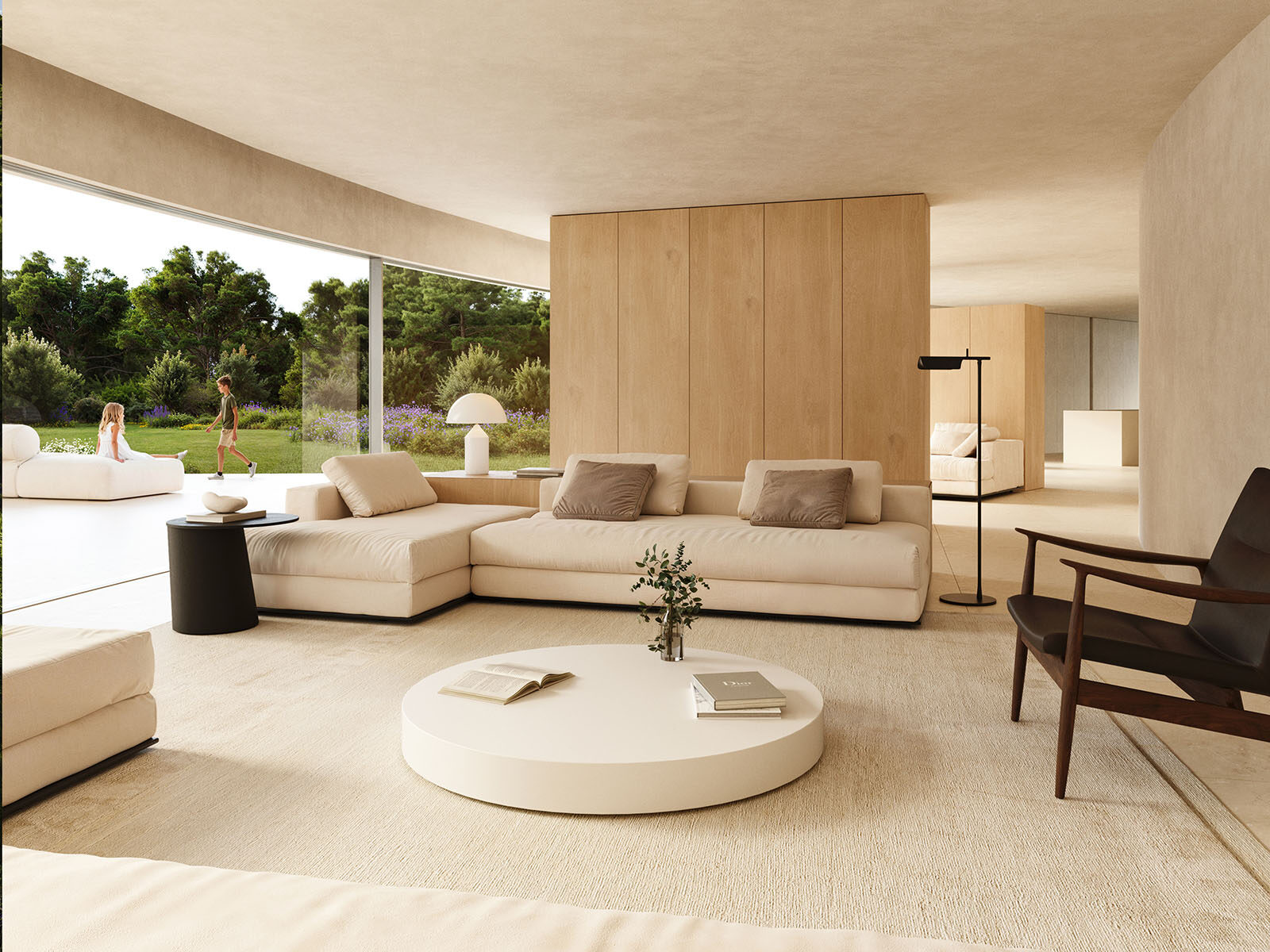 A bright, modern Sotogrande living room with a large sofa, white coffee table, and garden view with children playing.