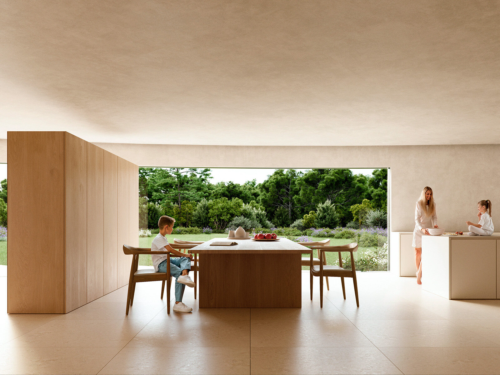 A family in a minimalist luxury villa in Sotogrande with a spacious kitchen, dining area, and large garden views.
