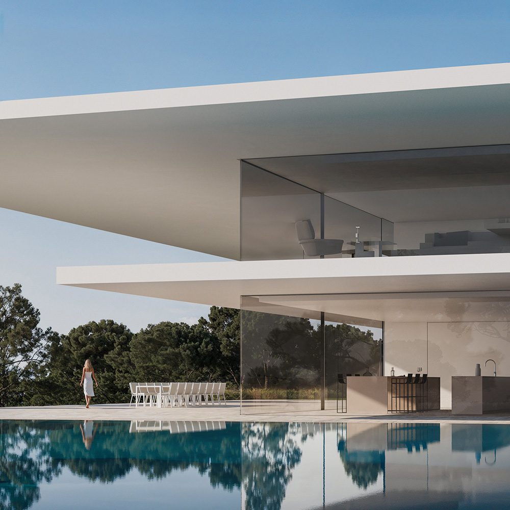 Moderna villa de lujo con piscina, grandes ventanales, terraza con comedor y una mujer caminando.