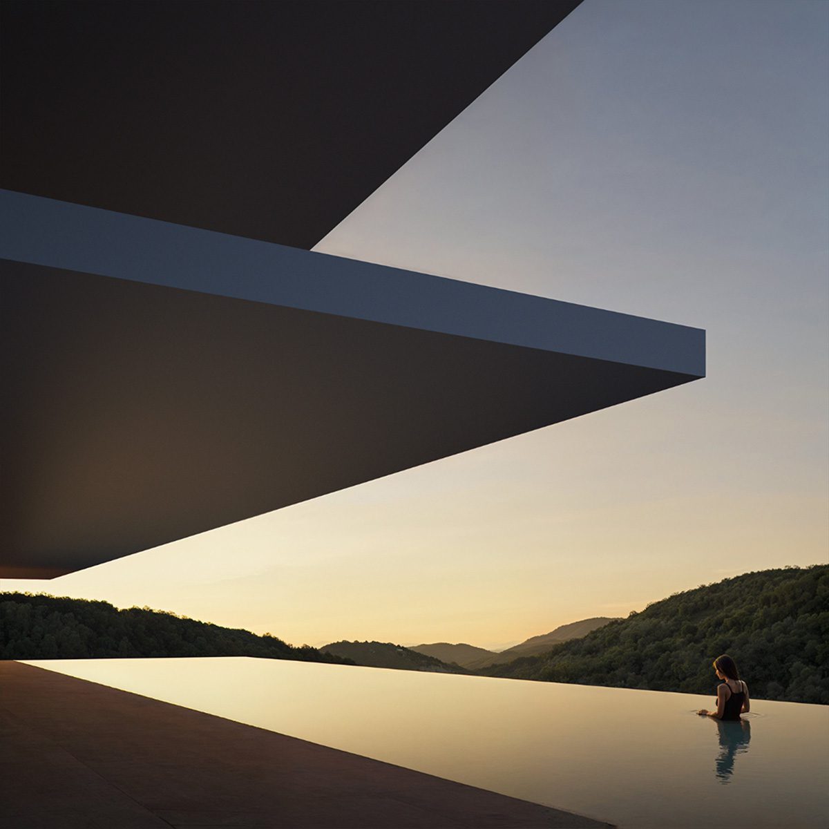 Fran Silvestre luxury villa with a woman in an infinity pool, geometric architecture, and sunset mountain views.