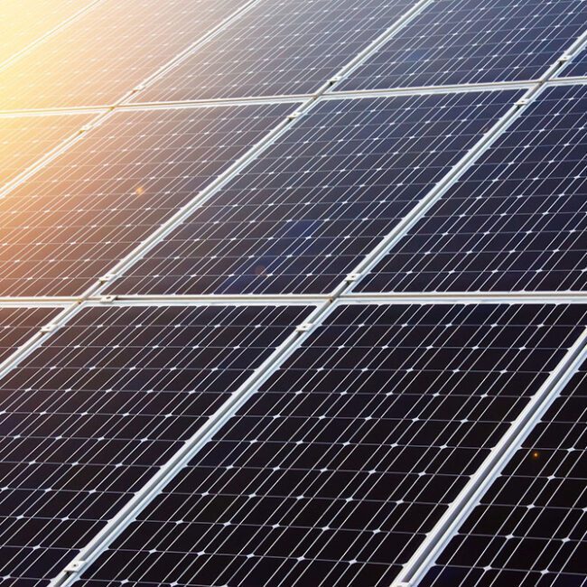 Celdas solares oscuras en paneles enrejados con marcos plateados, bañados por la luz brillante del sol.