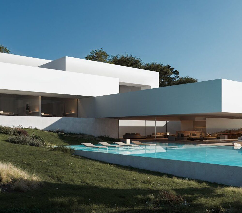 Bright modern white Cork Oak Mansion with large glass walls and pool on a sunny landscaped hillside.