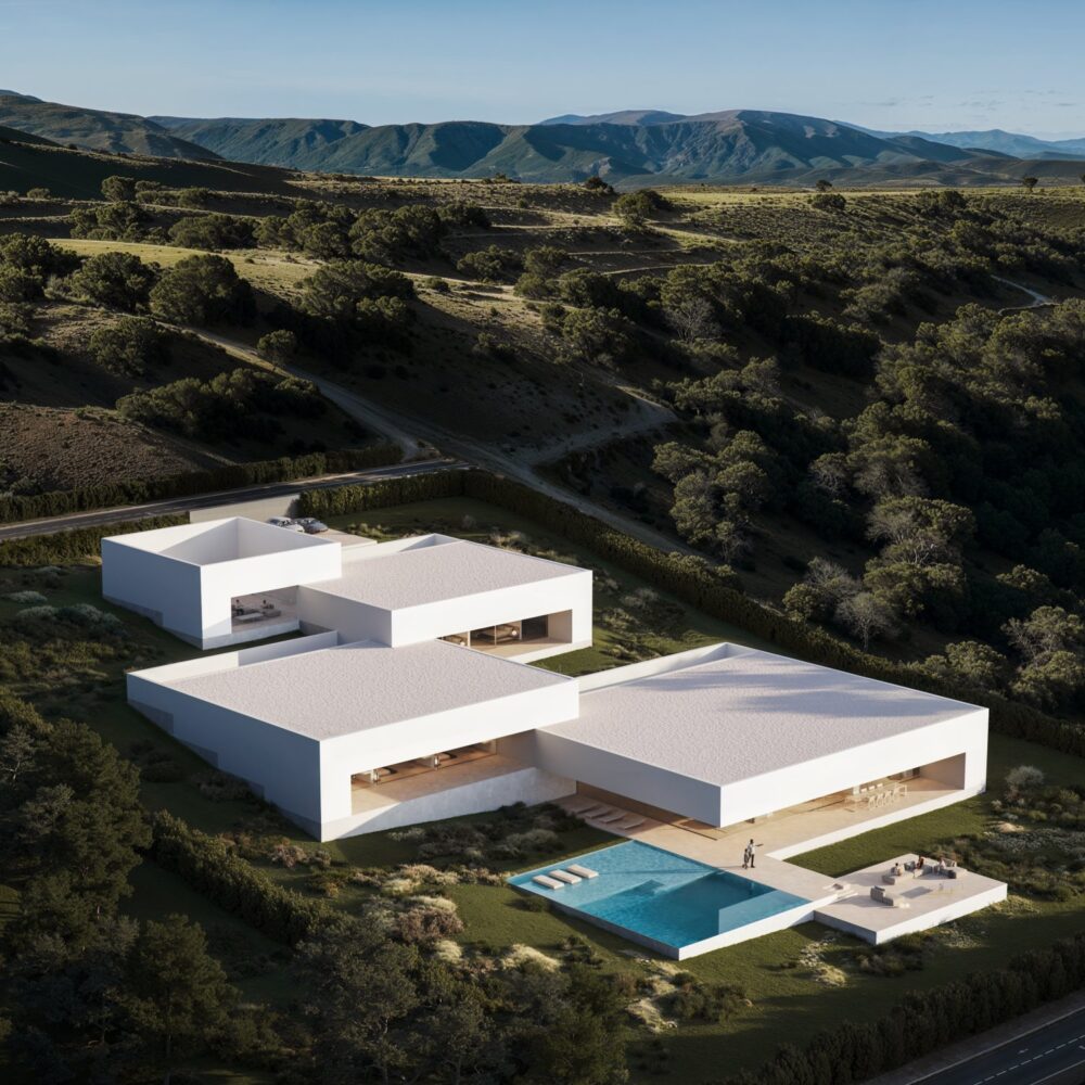 Modern white luxury villas with a swimming pool and outdoor lounge area in a lush, mountainous landscape.