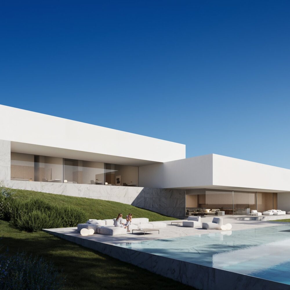 Minimalist white luxury villa in Sotogrande with a large pool, lounge area, and lush hillside landscaping.
