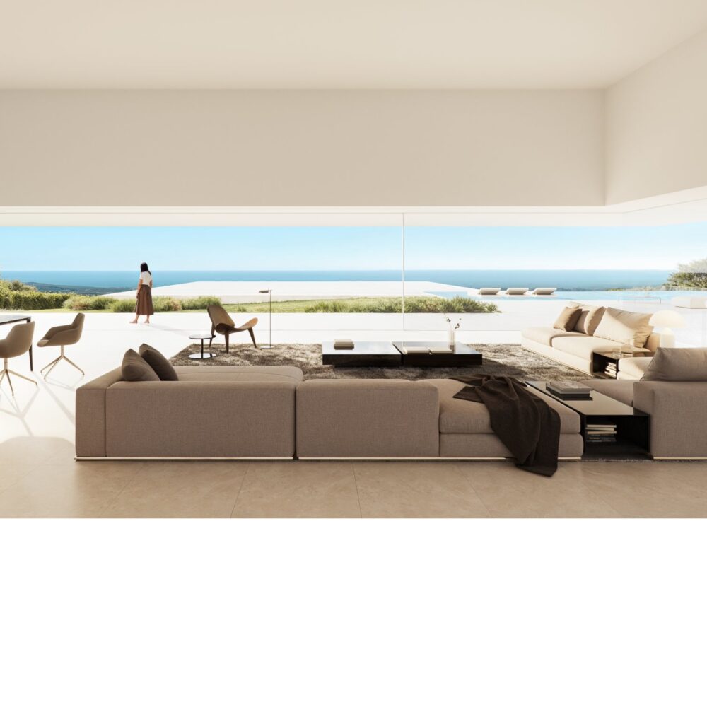 Modern luxury living room with dining area and panoramic sea views in Sotogrande.