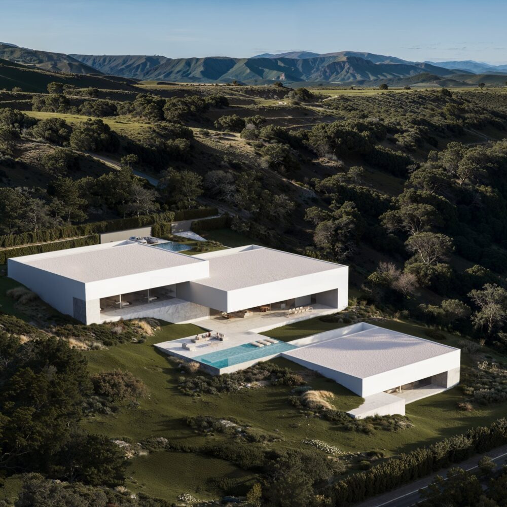 Aerial view of modern white Villa Noon featuring pools, terraces, and minimalist design in a green, hilly landscape.