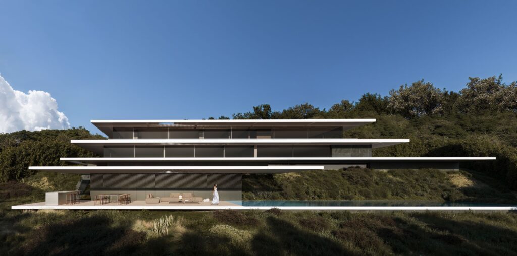 Modern zero energy villa in Sotogrande featuring multi-level design, outdoor living area, and long swimming pool.
