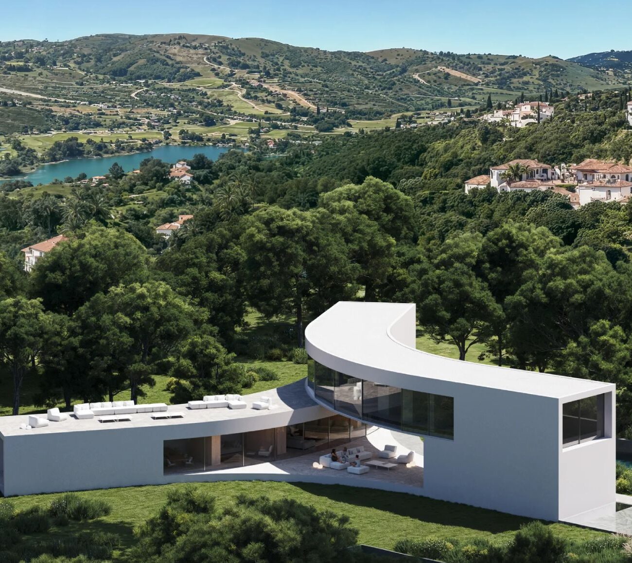 Modern Zero Energy Villa with a curved design and pool, surrounded by lush trees, overlooking Sotogrande's hills and lake.